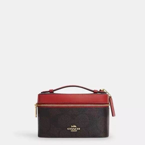 NWT Coach Cosmetic Case In Maxi Signature Canvas CCI84 Walnut/True Red - Picture 5 of 6